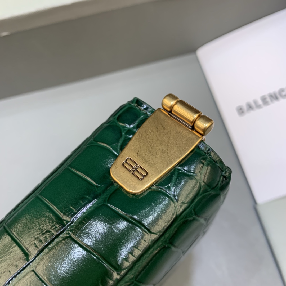 Balenciaga Triplet Small Bag With Chain Crocodile Embossed Calfskin Shouler Bag Green